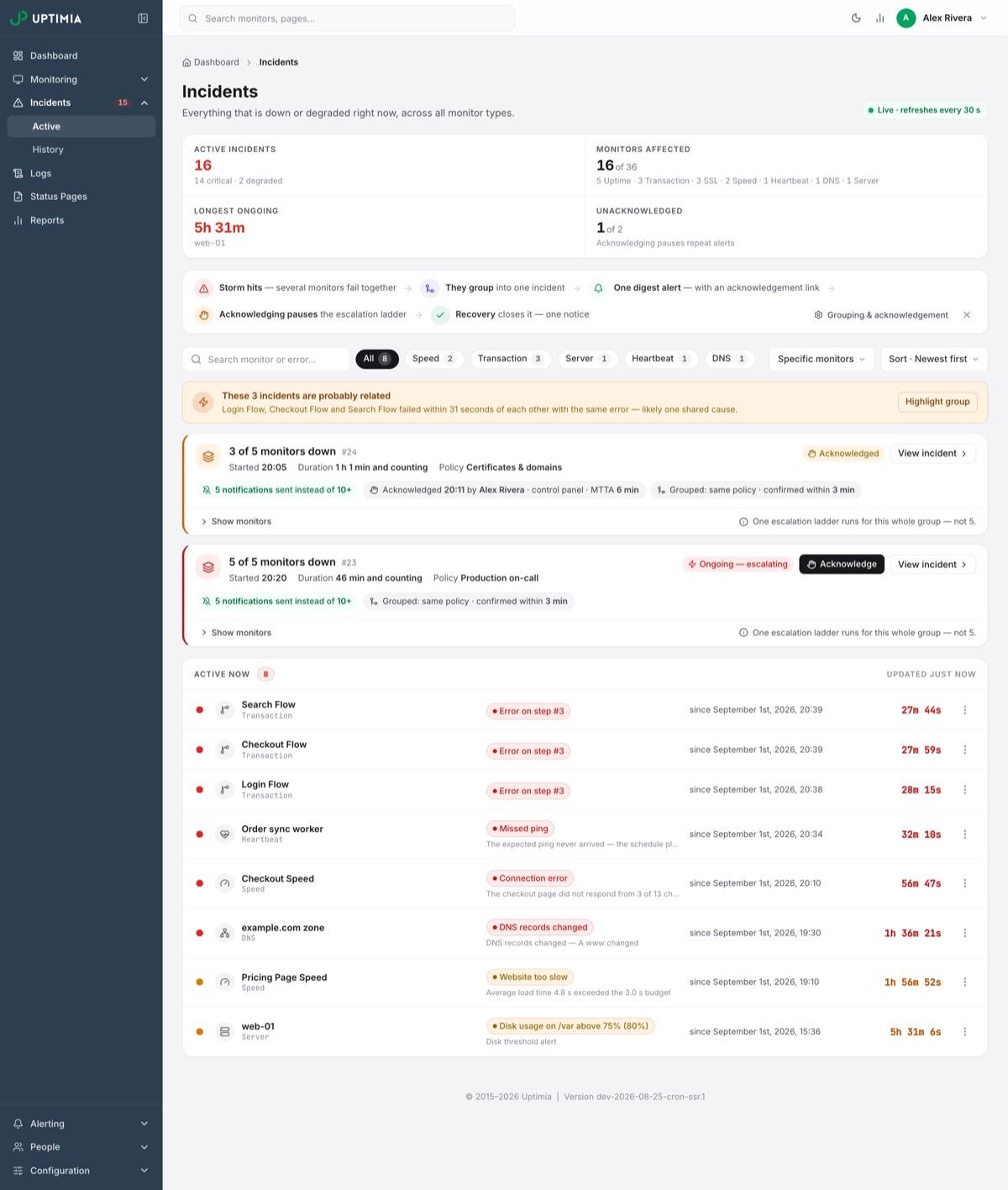 Active incidents with alert grouping and acknowledgement