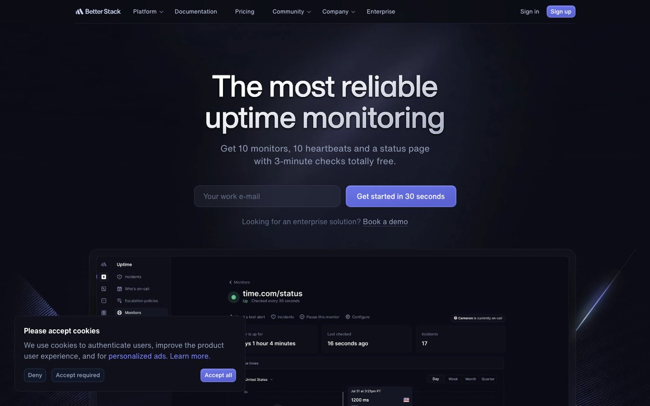 Better Stack uptime monitoring page, October 2026