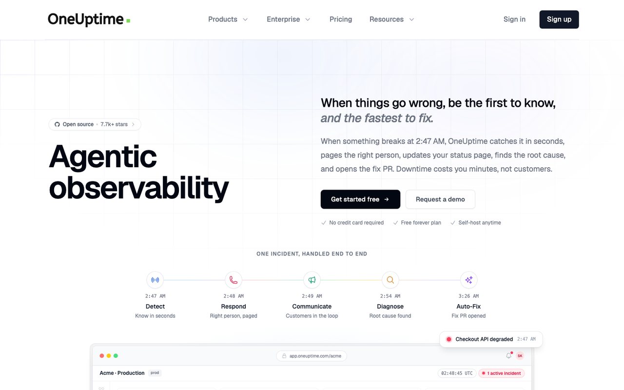 OneUptime homepage, October 2026