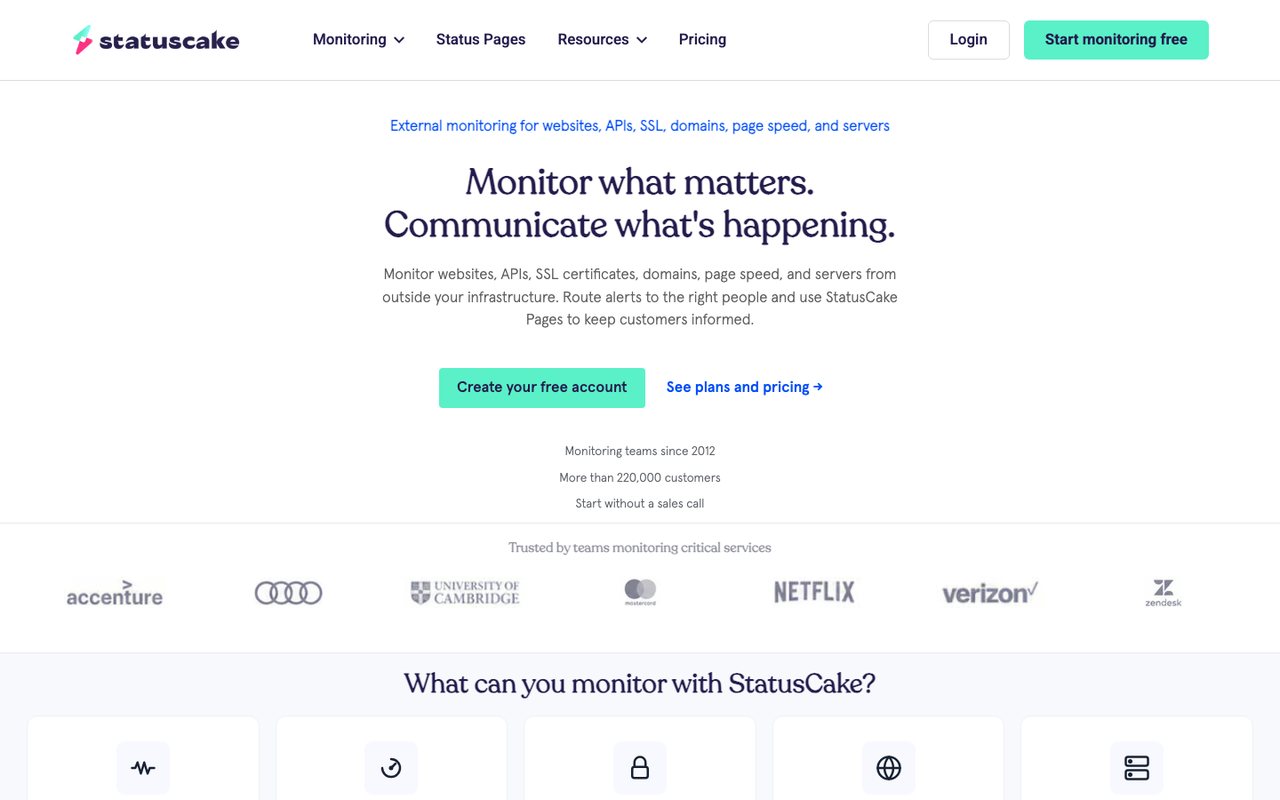 StatusCake homepage, October 2026