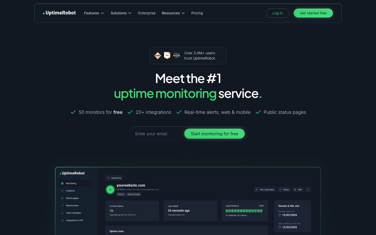 UptimeRobot homepage, October 2026