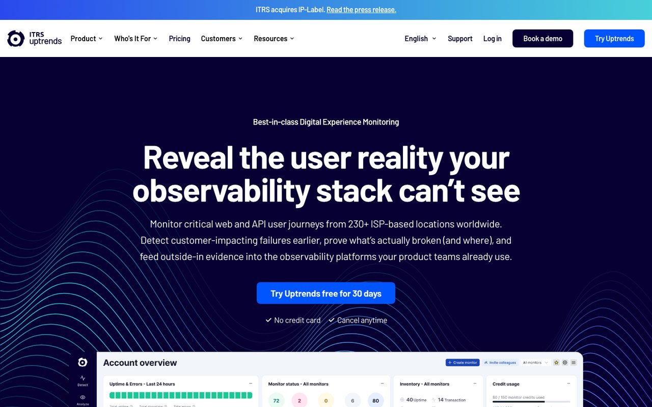 Uptrends homepage, October 2026